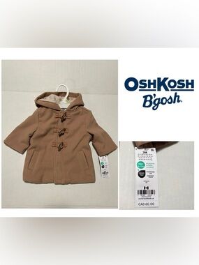 🆕OSHKOSH - 3M - NWT - INFANT BROWN HOODED FASHION TOGGLE JACKET / COAT